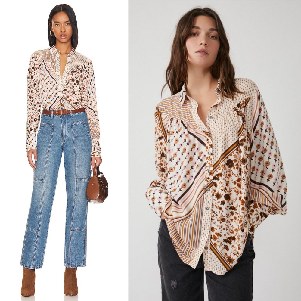 Free People Button Down Shirt M Long Sleeve Hazel Printed Blouse Top